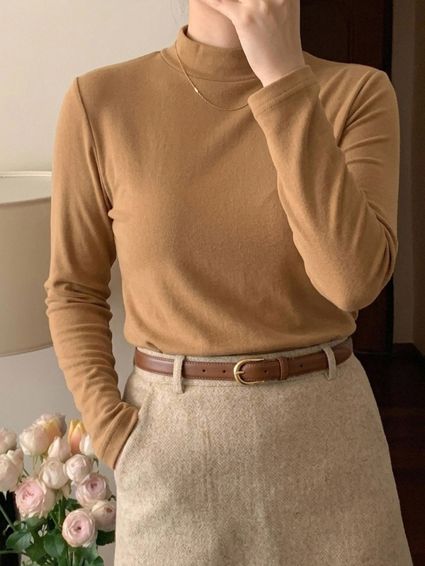 Dazy Plus Solid Color Casual Plus Size Thermal Lined Thickened Mock Neck Versatile Layering Long Sleeve Yellow Autumn/Winter T-Shirt