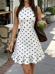 Selianne Women's New Fashion Faux Lace Knit Round Neck Sleeveless Ruffle Hem Elegant Daily Dating Commute Dress - Black and White - View 3
