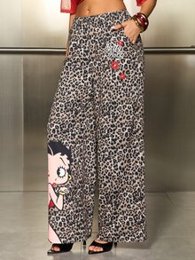Betty Boop x SHEIN Women's Leopard Print Cartoon Wide Leg Long Pants - Brown - View 3