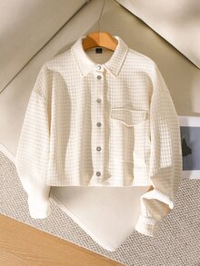 CosyJoli 休閒居家度假女款夾克，寬鬆版型附口袋，金屬鈕扣夾克，杏色長袖格子夾克，適合夏秋 - 杏色 - 查看 5