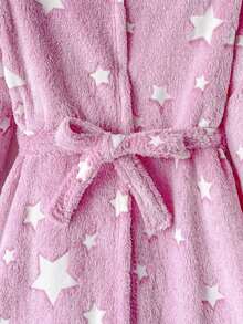 SHEIN Tween女孩秋冬休閒雙面抓絨螢光星星印花貼袋連帽睡袍居家服粉色兒童睡衣 - 藕粉色 - 查看 4