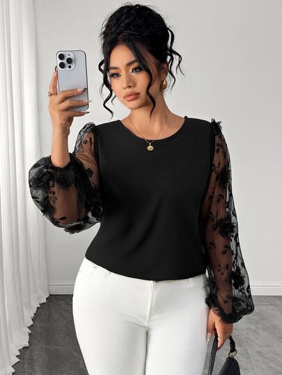 Elenzga Plus Size Women's Autumn/Winter Fashion Elegant Mesh Embroidered Round Neck Long Sleeve Blouse