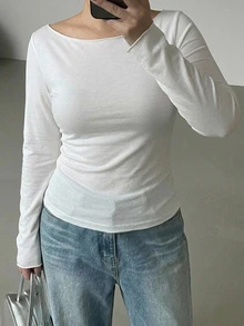 Dazy Plus Solid Color Boat Neck Design White Slim Fit Long Sleeve Base Layer Versatile Thin T-Shirt Fall - White - View 2