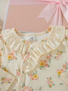 SHEIN 4件組新生兒女嬰禮品可愛長袖花卉連身衣套裝，適合秋季假期 - 黃色 - 查看 4