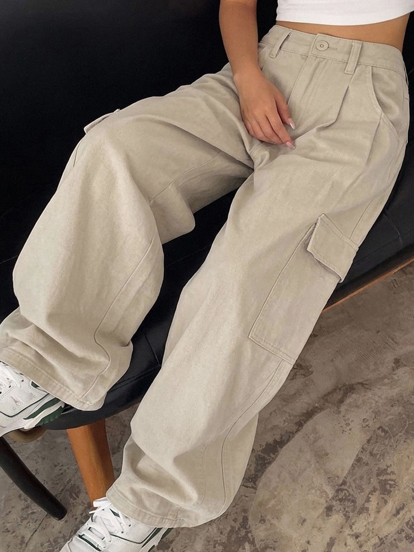 Dazy Plus Solid Color Casual Side Pocket Cargo Pants Street Loose Wide Leg Curved Leg Denim Jeans Fall