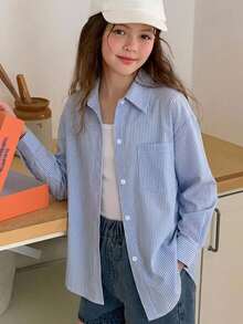 Hapijoa 青少年女孩秋季服飾 青少年女孩) 翻領短袖襯衫 夏季 - 藍色 - 查看 8