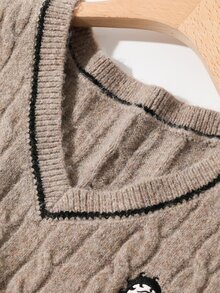 Betty Boop x DAZY Curve Solid Color Pullover V-Neck Sweater Vest, Layered Preppy Casual Style For Spring And Autumn - Khaki - View 5