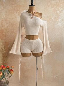 Soleia Women's Plus Size Apricot Asymmetric Shoulder Bell Sleeve Sweater And Knitted Shorts Set Fall - Apricot - View 8
