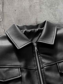 AXEPEAK Men's Solid Color PU Leather Jacket With Lapel Collar And Long Sleeves - Black - View 5