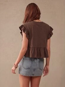WESTFADE Lace Trim Tiered Ruffle Short Sleeve Babydoll Top Fall, Autumn, Female Country Look, Cowgirl Clothing, Western, Brunch, Basic, Cute Tops - Mocha Brown - View 2
