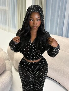 Glyssa Autumn Casual Polka Dot Print Hoodie & Pants Set - Black and White - View 1