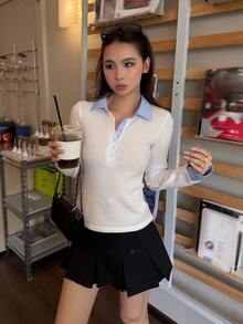DAZY Women's Contrast Color Lapel Casual Long Sleeve Korean Style Versatile T-Shirt - White - View 4