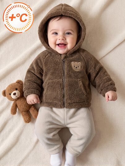 SHEIN Vintaside Kids 2pcs Newborn Baby Boy Fleece Jacket Pants Cute Brown Cream Bear Patch Fuzzy Plush Long Sleeve Hooded Thick Holiday Winter Fall Halloween Christmas Zip