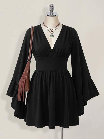 SHEIN ICON Women's Solid Color V-Neck Flare Sleeve Fashion Mini Dress, Halloween Costumes For Women Night Out Cocktail Black Autumn Elegant Sexy