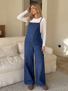 SHEIN 孕婦休閒牛仔吊帶褲 - 藍色 - 查看 5