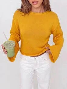Avantive Sweater Kasual Lengan Panjang Bahu Longgar Warna Polos untuk Wanita, Cocok untuk Makan Siang Thanksgiving, Warna Kuning Mustard, dan Musim Gugur. - Kuning - View 3