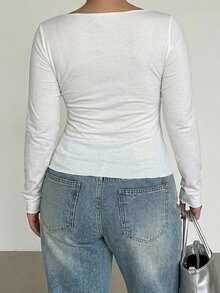 Dazy Plus Solid Color Boat Neck Design White Slim Fit Long Sleeve Base Layer Versatile Thin T-Shirt Fall - White - View 3
