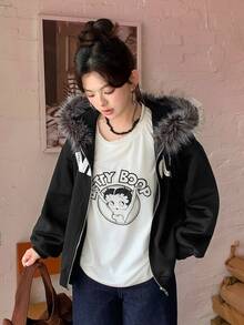 Dazy Plus Plus Size Thermal Lined Thick Letter Print Patchwork Fur Collar Hooded Sweatshirt, Autumn/Winter Streetwear Casual Design - Black - View 7