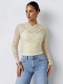 Firerie Elegant Chic Women's V Neck Lace Overlay Long Sleeve Top Cropped Fitted Lace Ruched Crossover Design Day Outfits For Womenwinter Outfits For Women - Pale Yellow - View 6