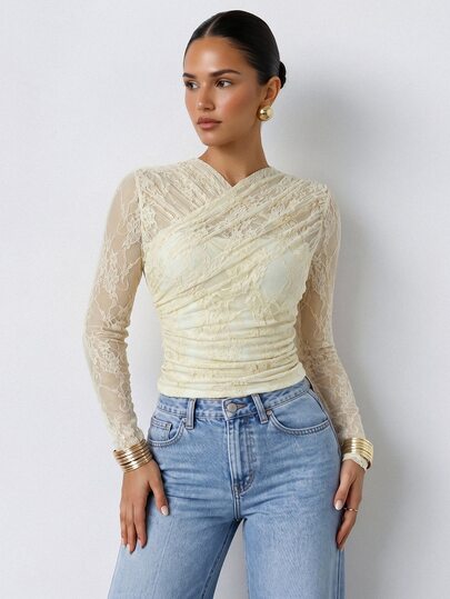Firerie Women's Elegant Solid Color Sheer Lace Criss-Cross Wrap T-Shirt