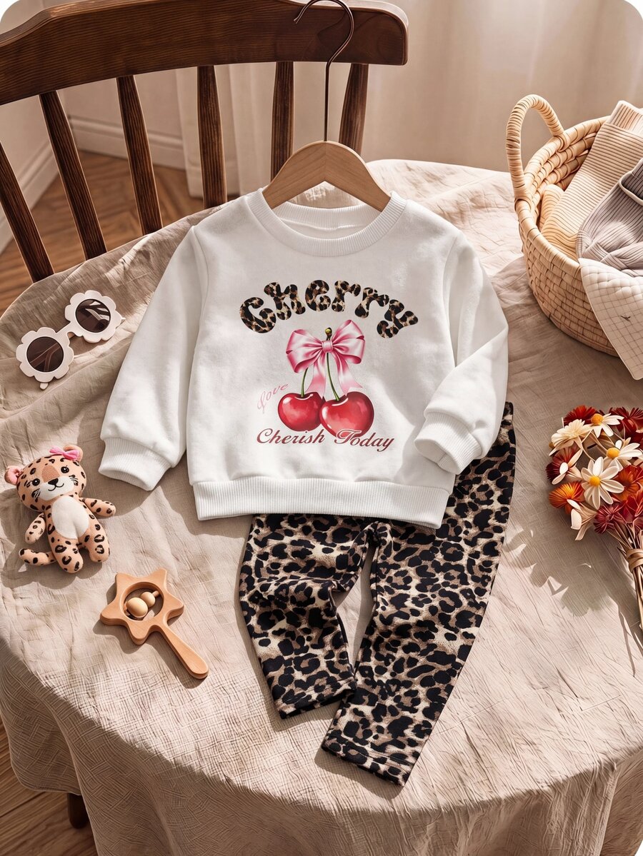 SHEIN Set Baju Sweatshirt Lengan Panjang dan Celana Panjang Motif Leopard Kasual Lucu untuk Bayi Perempuan - Putih - View 1
