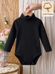 SHEIN 女嬰純色針織立領休閒連身衣 - 黑色 - 查看 1