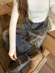DAZY Women's Casual Vintage Streetwear Daily Everyday Day Time Denim Jeans With Pocket, Button And Floral Pattern Cute Tops Blue Floral Summer - Blue - View 5