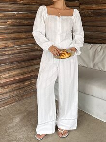 Dazy Plus 2pcs Textured Fabric Petal Sleeve Top & Straight Leg Long Pajama Pants Set, Spring/Autumn Sleepwear Outfit - White - View 4