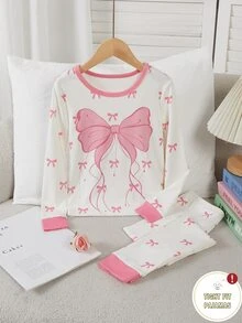 1套女童修身居家服套裝，白色大粉色蝴蝶結印花，長袖長褲，高彈力針織面料，貼身舒適甜美居家套裝（1套單賣） - 彩色 - 查看 4