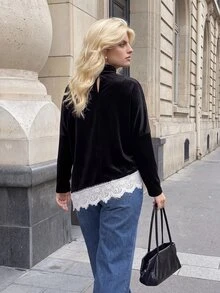 Dripcurv Blus Ukuran Besar Musim Gugur/Dingin Elegan dengan Blok Warna dan Patchwork Renda, Atasan untuk Acara Keluar, Pakaian Kerja untuk Wanita di Kantor, Blus Wanita Elegan, Atasan Chic untuk Musim Gugur - Hitam dan Putih - View 2