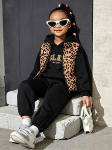 SHEIN Playful Pals 女童秋冬新款時尚休閒三件套：連帽背心 + 休閒運動圓領衛衣 + 成套運動長褲 - 黑色 - 查看 1