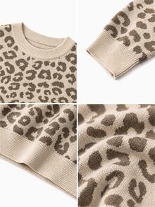 SHEIN Setelan Wanita Musim Gugur/Dingin, Pullover Leher Bulat Motif Leopard, Sweater Longgar Kasual Vintage dan Celana Panjang, 2 Potong - Aprikot - View 3