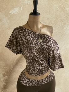 Soleia Plus Size Leopard Print Asymmetrical Collar Top And Shorts 2 Pieces Set - Brown - View 4