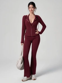 DAZY Women's Solid Color Halter Tank Top And Flared Leg Pants With Zipper Hooded Cardigan Sports Set Fall - Red - View 3