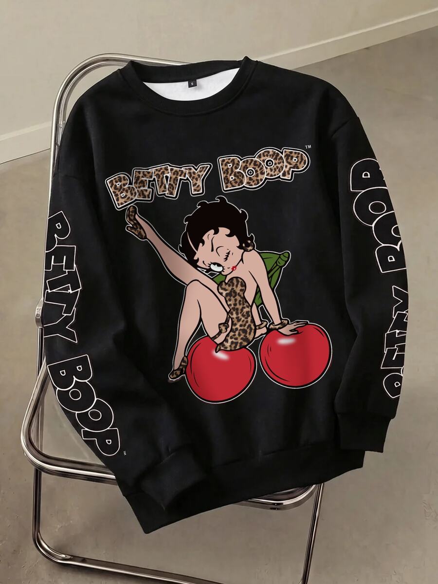 Betty Boop x SHEIN Women's Casual Cartoon Print Sweatshirt, Autumn/Winter - White - View 1
