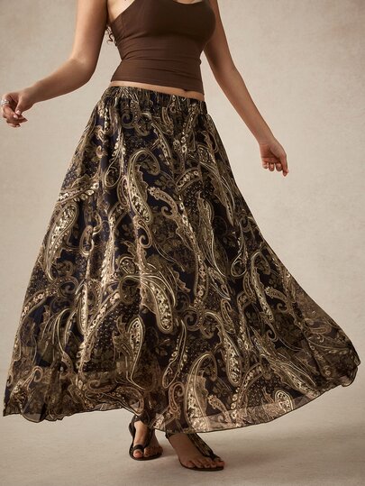 Nubod Falda de Talla Grande Estilo Vintage con Estampado de Flores de Anacardo, Malla Transparente, Cintura Baja, Drapeada y Bajo Asimétrico, Estilo Western Boho