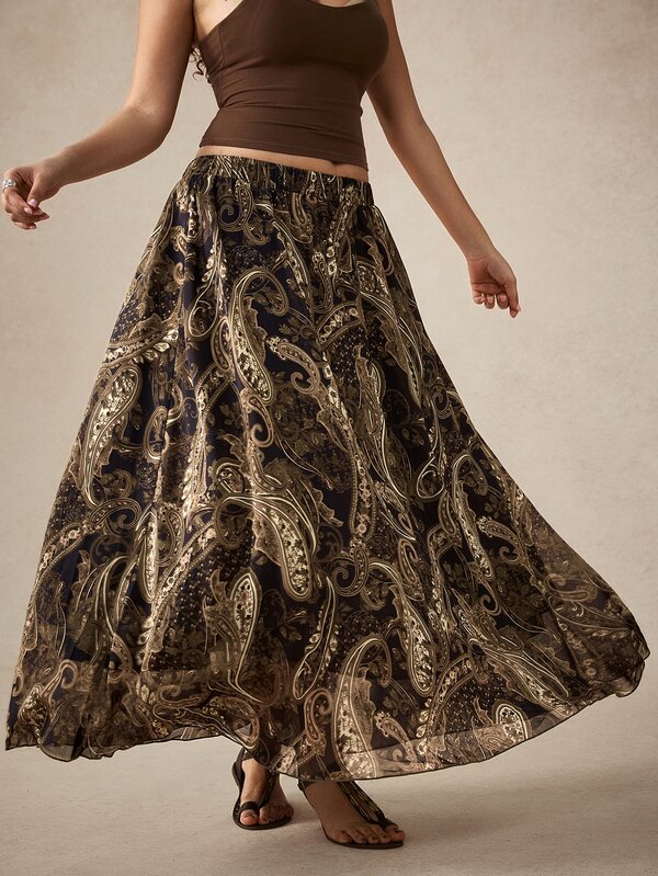Nubod Falda de Talla Grande Estilo Vintage con Estampado de Flores de Anacardo, Malla Transparente, Cintura Baja, Drapeada y Bajo Asimétrico, Estilo Western Boho