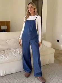 SHEIN 孕婦休閒牛仔吊帶褲 - 藍色 - 查看 4