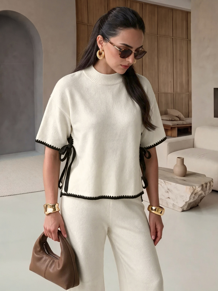Mulvari Commuter Casual Embroidered Trim Round Neck Colorblock Slimming High Neck Top & Wide Leg Pants Knit Sweater 2 Pieces Set - Apricot - View 6