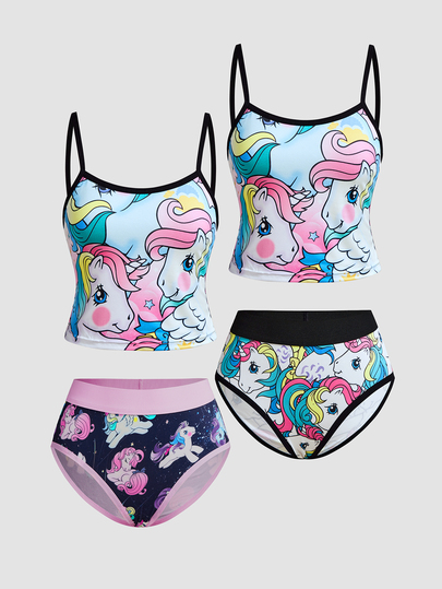 Chillnights My Little Pony X SHEIN 4pcs Rainbow Unicorn Print Camisole Lingerie Set