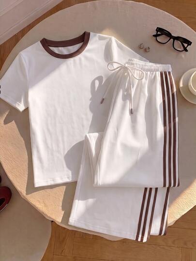 Tseoso 2pcs/Set Atasan Lengan Pendek Leher Bulat Bordir dan Celana Motif Garis-garis, Desain Kerah Kontras Cokelat Kasual