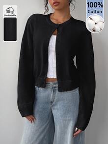 SHEIN BASICS 女款素色休閒百搭日常穿著長袖開襟衫 - 黑色 - 查看 1