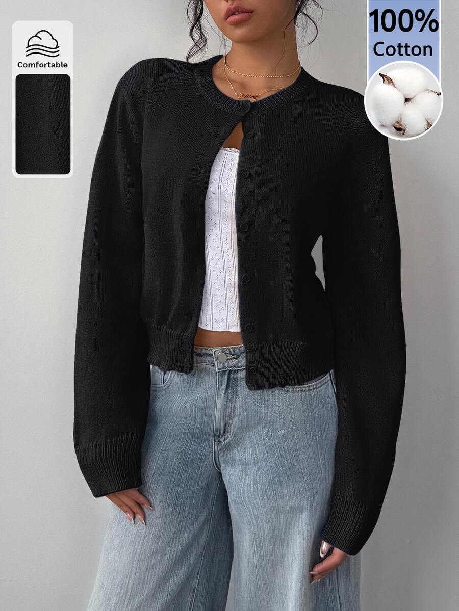 SHEIN BASICS 女款素色休閒百搭日常穿著長袖開襟衫 - 黑色 - 查看 1