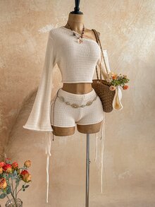 Soleia Women's Plus Size Apricot Asymmetric Shoulder Bell Sleeve Sweater And Knitted Shorts Set Fall - Apricot - View 7