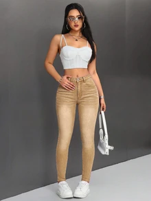 SHEIN PETITE 女款時尚百搭鈕扣口袋緊身牛仔褲 - 卡其色 - 查看 6