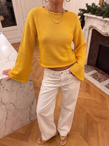 Avantive Sweater Kasual Lengan Panjang Bahu Longgar Warna Polos untuk Wanita, Cocok untuk Makan Siang Thanksgiving, Warna Kuning Mustard, dan Musim Gugur. - Kuning - View 7