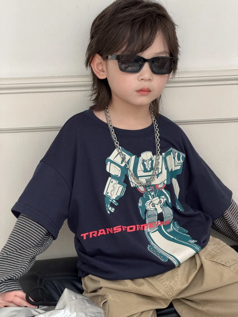 Transformers Evergreen X DAZY Young Boy Loose Casual Straight Leg Striped 2 In 1 Graphic Autumn T-Shirt - Dark Grey - View 1