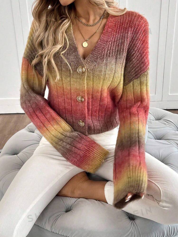 EMERY ROSE Cardigan de manga larga con estampado tie-dye casual y versátil para uso diario para mujeres - Amarillo Mostaza - Añade 4