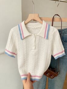 CovetEZ Contrast Trim Polo Neck Knit Top - Multicolor - View 1