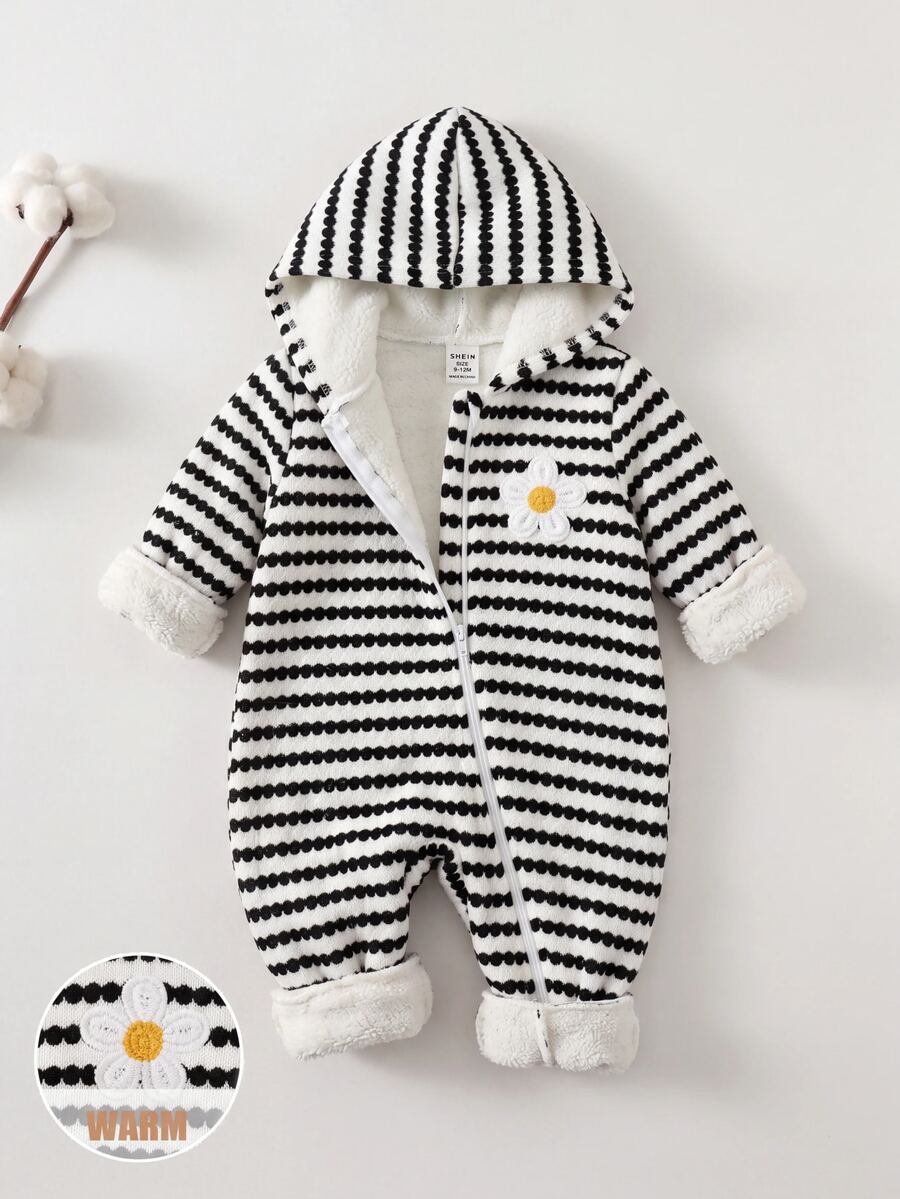 SHEIN Babygirl Striped Knit Hooded Jumpsuit - Black and White - View 1